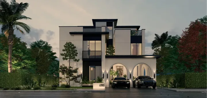 Villa facade with a double garage and arches at At East