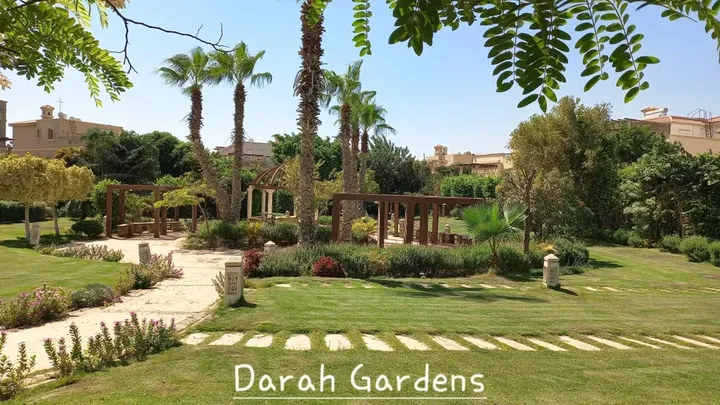 Lawns and a walkway between palm trees in Dara Gardens