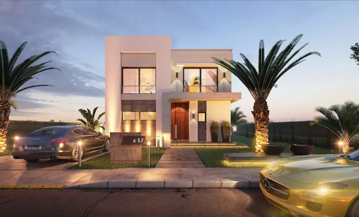 Modern villa with evening lighting and palm trees at Gaia