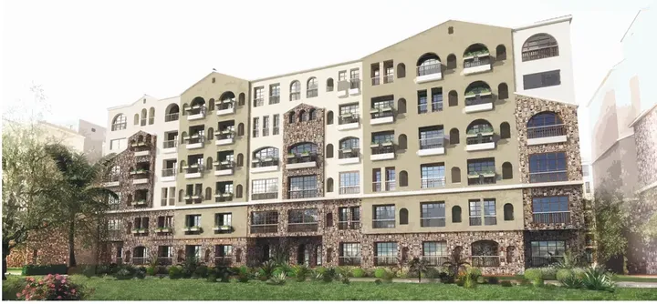 Apartment building with stone cladding and arched windows in Green Square