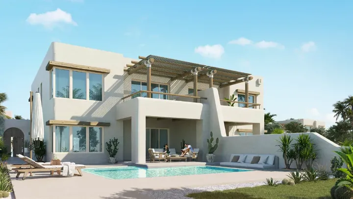 واجهة فيلا بتراس مظلل وحمام سباحة في هاسيندا ووترز