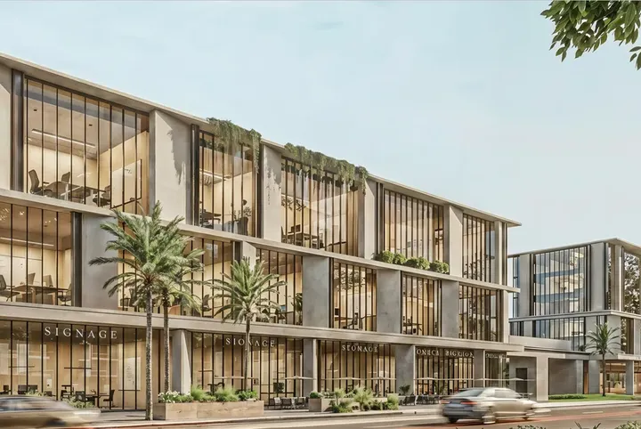 Row of commercial buildings and palms at Everyday, Fifth Settlement