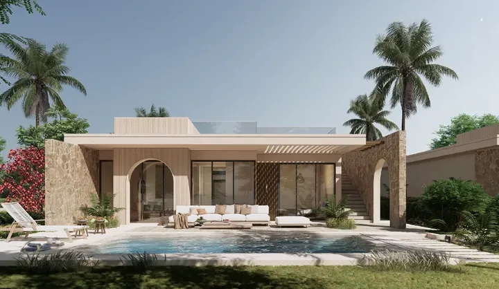 Single-storey home with an arched entrance and pool at Summer