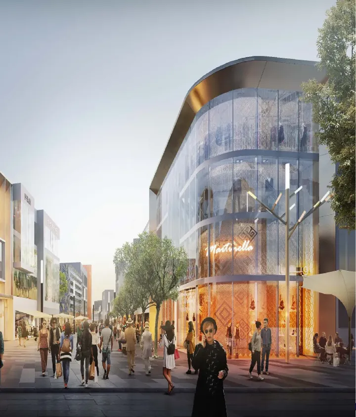 Glass-fronted retail building on Odyssia's pedestrian street