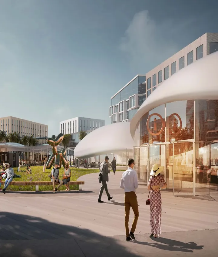 Pedestrian plaza with a curved structure in Odyssia