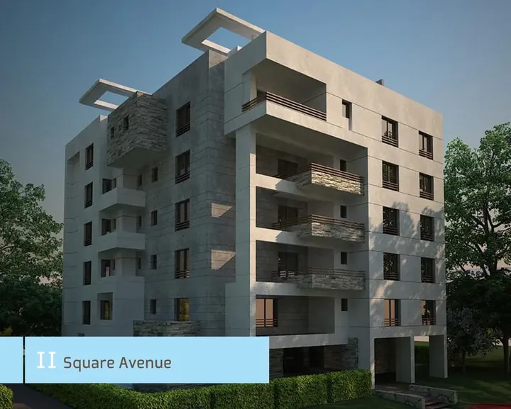 Light-facade apartment block with balconies at Square Avenue, The Square