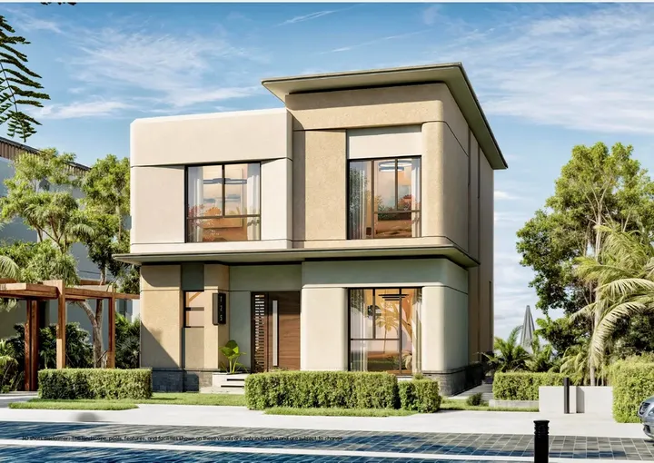 Two-storey villa with a sand-toned facade and garden at Youd