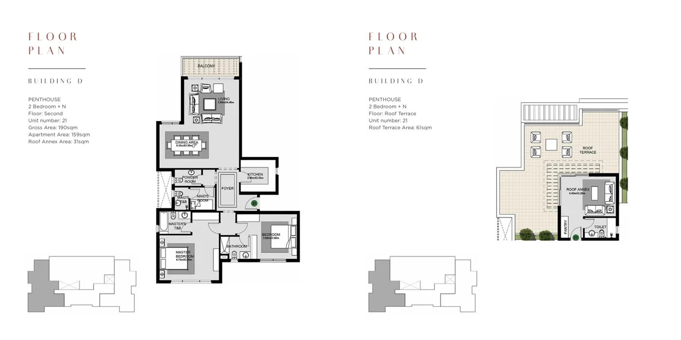 Floor plan of 190 m² two-bedroom penthouse with 61 m² roof for sale in The Estates SODIC