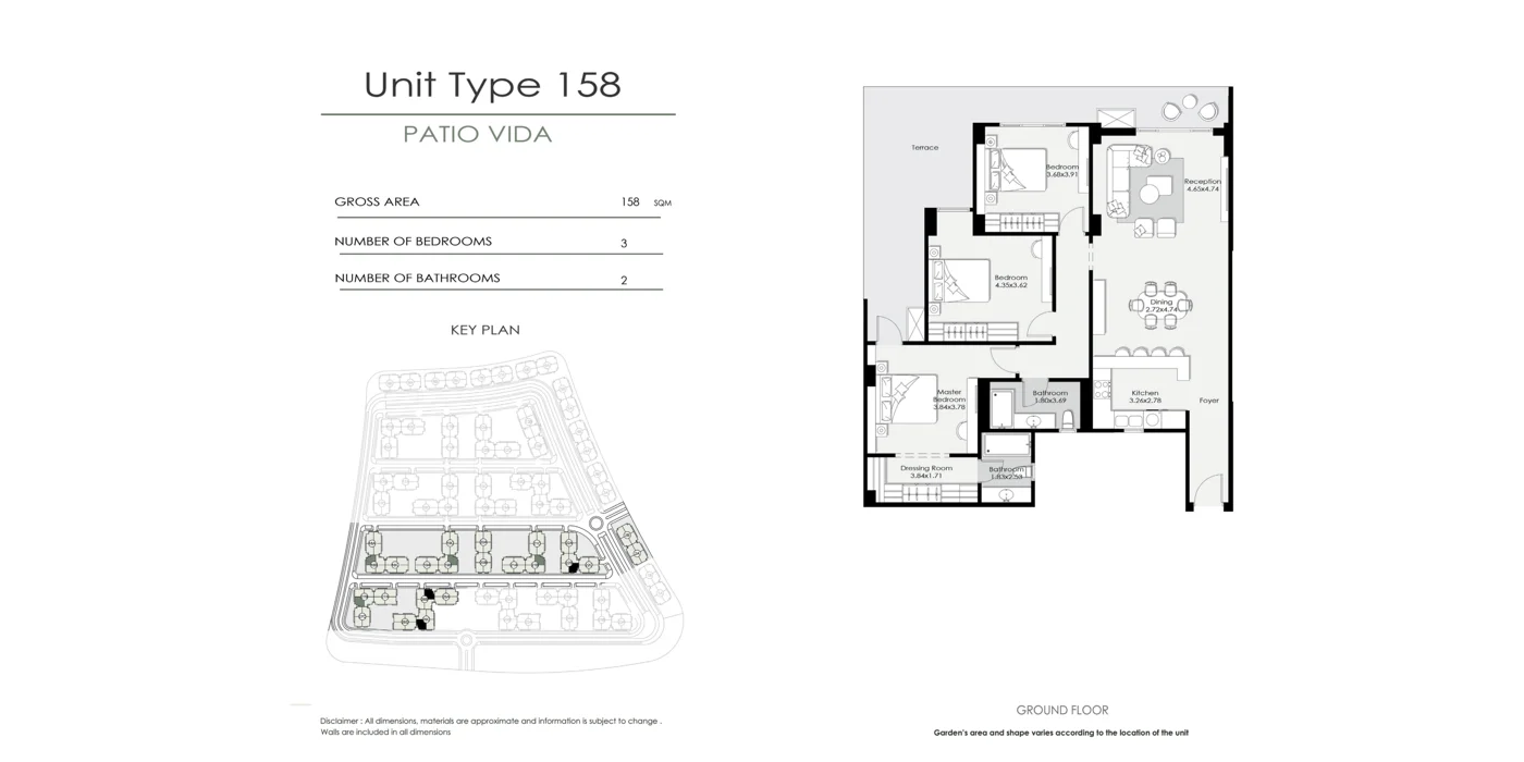Floor plan of 158 m² 3-bedroom apartment plus 30 m² private garden for sale in El Patio Vida