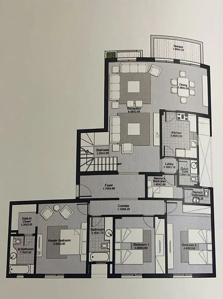 Floor plan of 300 m² two-floor penthouse with a 106 m² roof for sale in Eastown SODIC