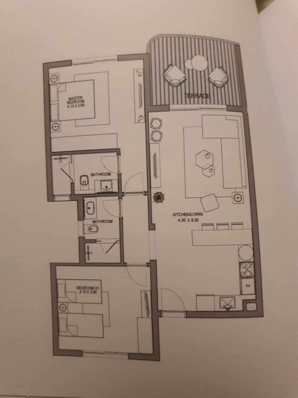 Floor plan of 110 m² two-bedroom chalet in Pearl for sale in June SODIC