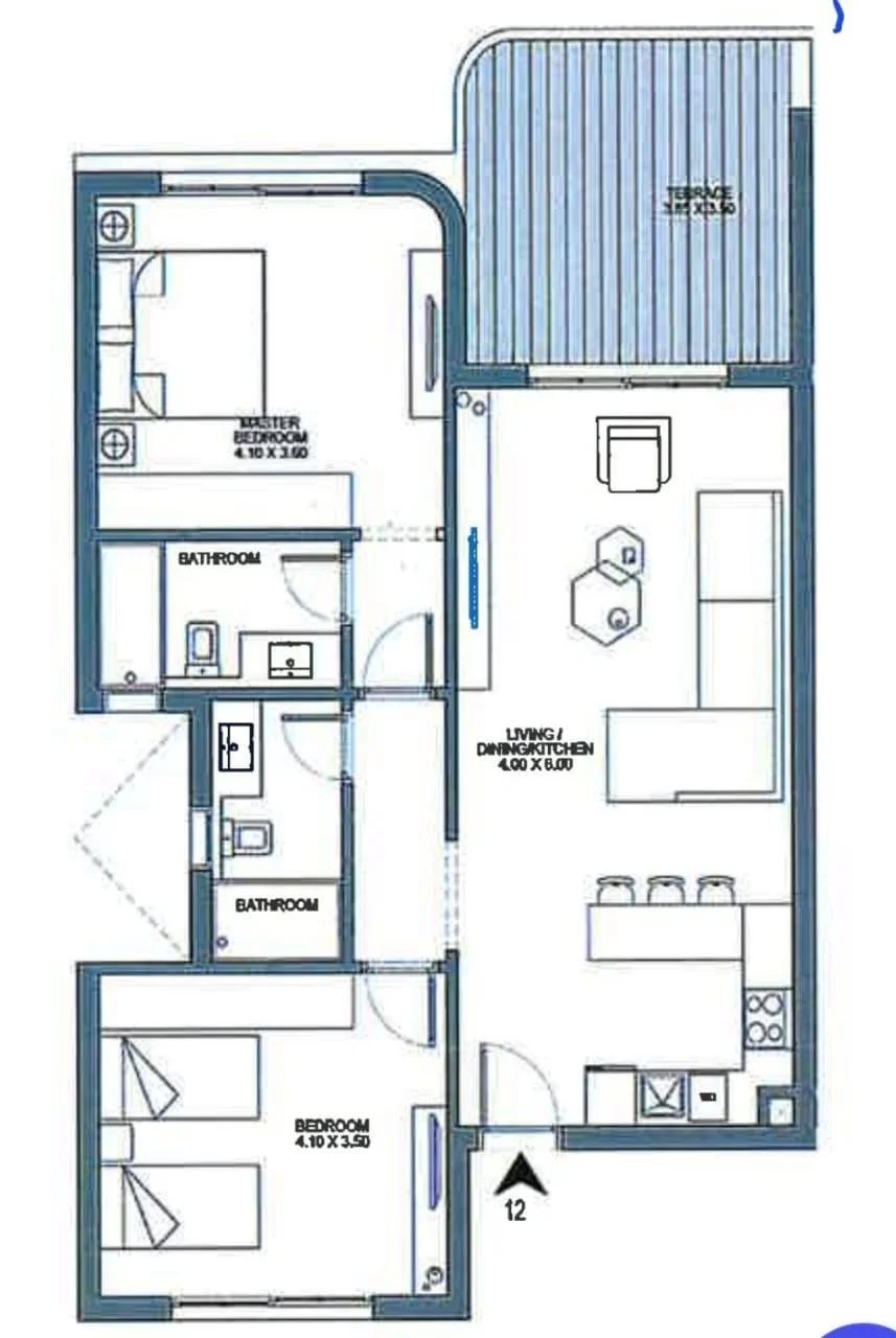 Floor plan of 116 m² two-bedroom chalet in Phase P6 for sale in June SODIC