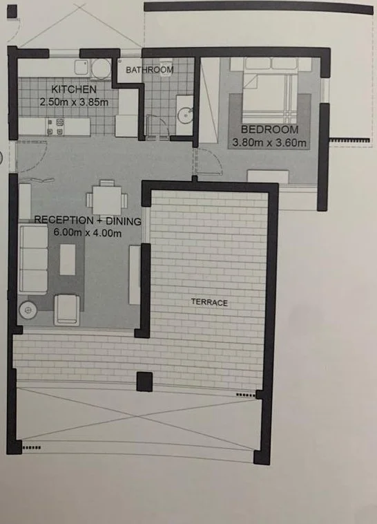 Floor plan of 110 m² one-bedroom apartment with annual installments to 2029 for sale in Karmell SODIC