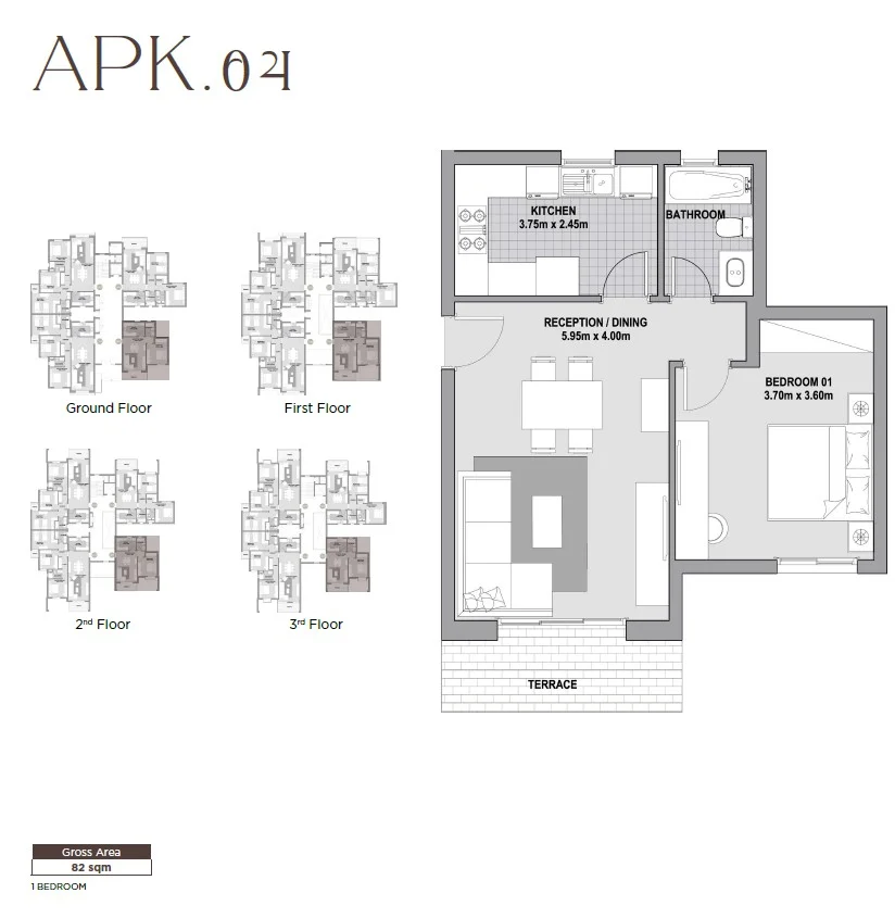 Floor plan of 82 m² apartment with a 90 m² garden for sale in Karmell SODIC