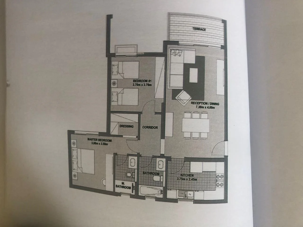 Floor plan of 123 m² semi-finished two-bedroom apartment for sale in Karmell SODIC
