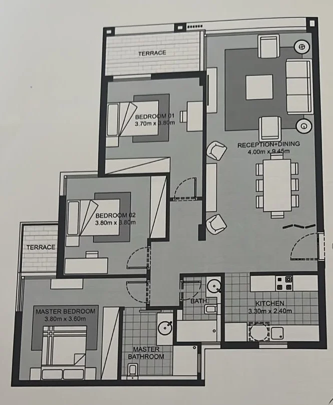Floor plan of 150 m² three-bedroom second-floor apartment for sale in Karmell SODIC