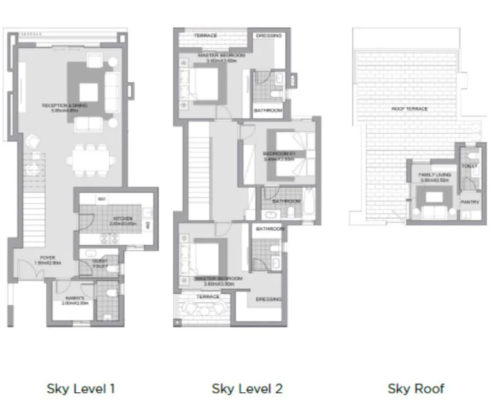 Floor plan of 218 m² penthouse with a 46 m² roof and five baths for sale in Karmell SODIC