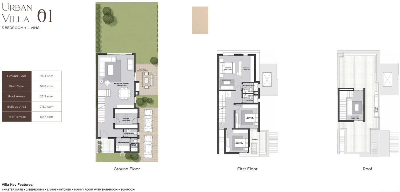 Floor plan of 214 m² villa with a 59 m² roof for sale in Karmell SODIC