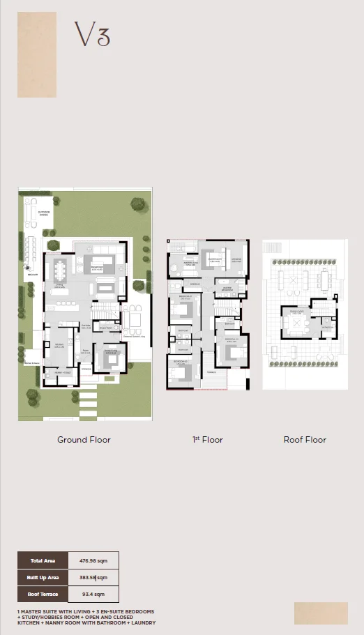 Floor plan of 384 m² five-bedroom villa with a 93 m² roof for sale in Karmell SODIC
