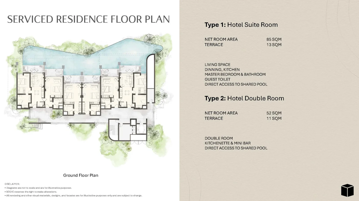 Floor plan of 97 m² furnished one-bedroom apartment with a 29 m² garden for sale in Nobu Residence Ogami