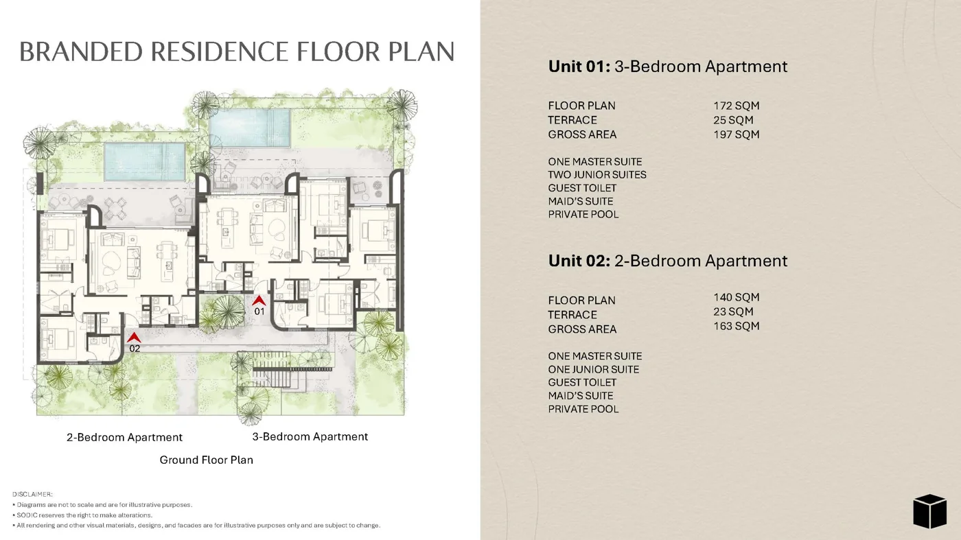 Floor plan of 192 m² furnished three-bedroom apartment with a 91 m² garden for sale in Nobu Residence Ogami