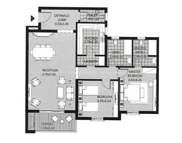 Floor plan of 163 m² third-floor penthouse with a 98 m² roof for sale in October Plaza SODIC