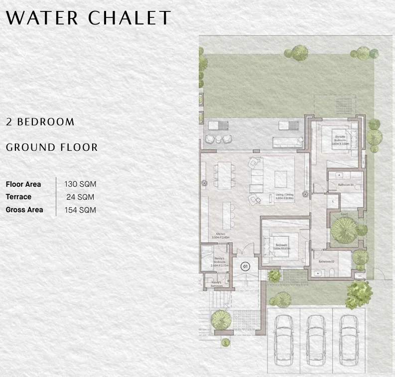 Floor plan of 2-bedroom 154 m² Water Chalet with a 210 m² garden for sale in Ogami SODIC