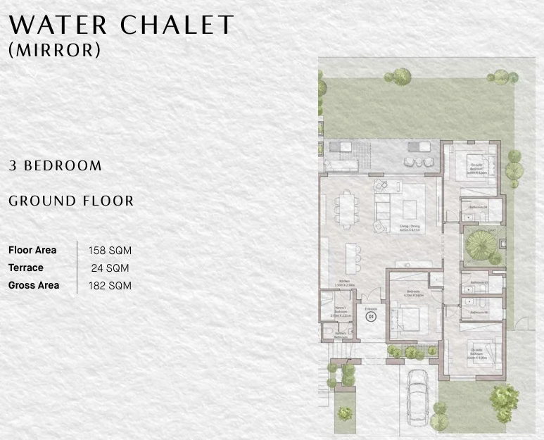 Floor plan of 3-bedroom 182 m² Water Chalet with a 223 m² garden for sale in Ogami SODIC