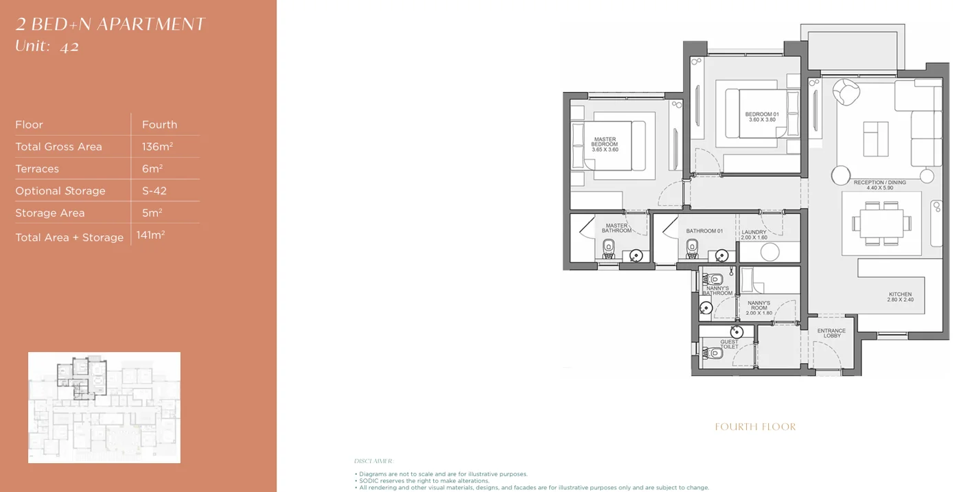 Floor plan of 136 m² three-bedroom apartment for sale in SODIC Eastvale
