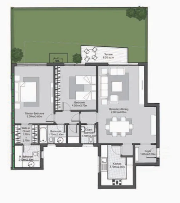 Floor plan of 137 m² two-bedroom ground-floor apartment in V Residences for sale in Villette SODIC