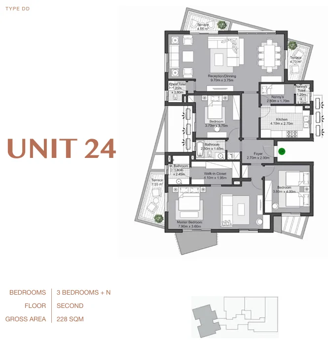 Floor plan of 228 m² three-bedroom developer apartment in V Residences for sale in Villette SODIC