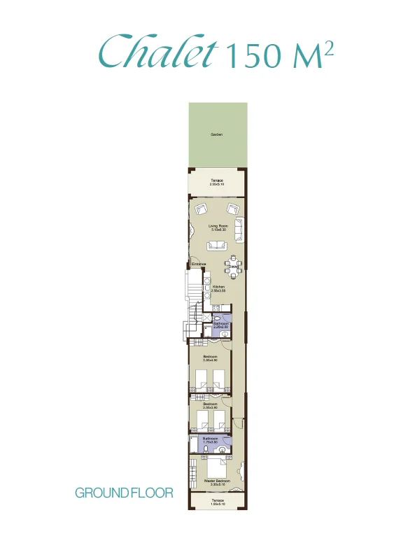 Floor plan of 150 m² 3-bedroom developer chalet with a 50 m² garden for sale in La Vista Gardens