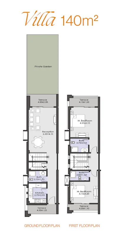 Floor plan of 140 m² 2-bedroom twin house with a 40 m² garden for sale in La Vista Ras El Hekma