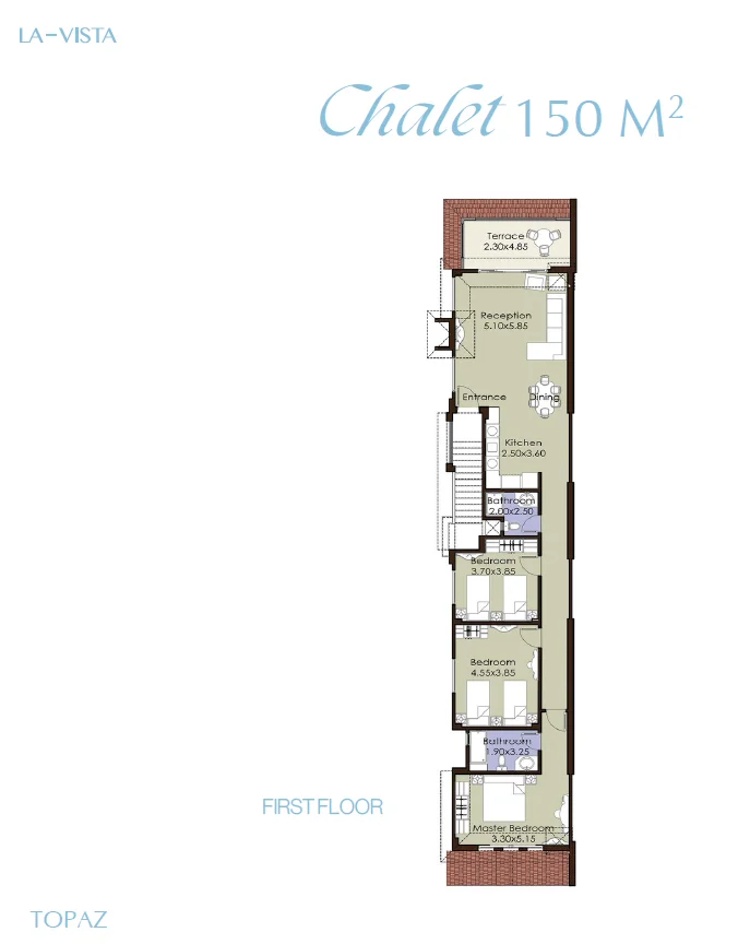 Floor plan of 150 m² 3-bedroom chalet, 2028 delivery, for sale in La Vista Topaz