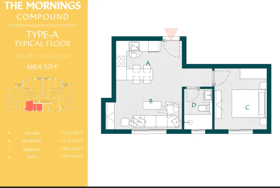 Floor plan of 57 m² one-bedroom apartment for sale in The Mornings