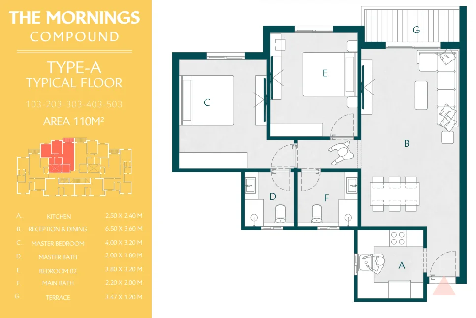 Floor plan of 110 m² two-bedroom apartment for sale in The Mornings