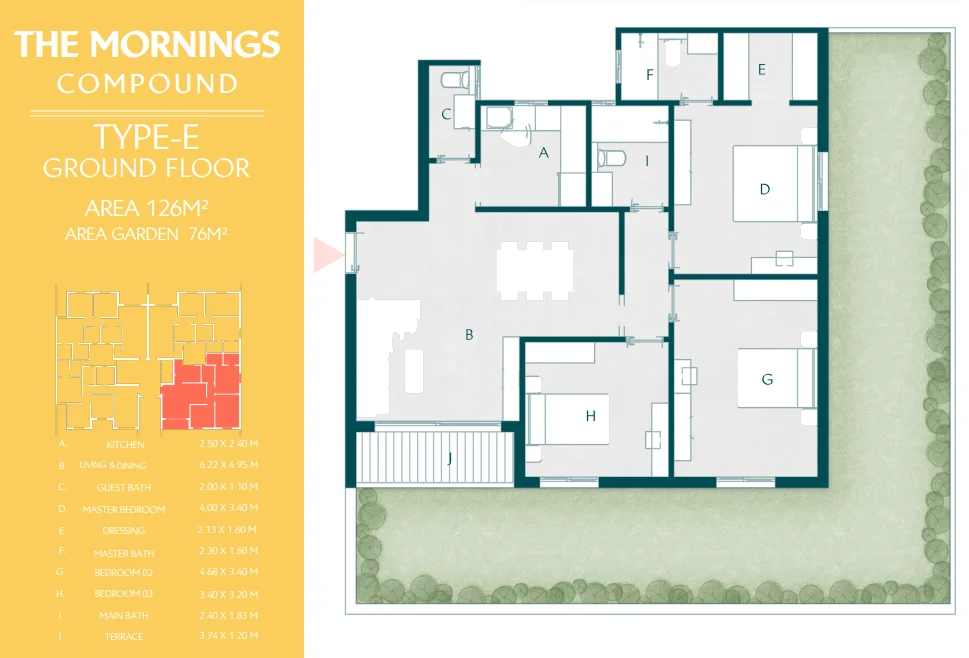 Floor plan of 126 m² apartment with a 76 m² garden for sale in The Mornings