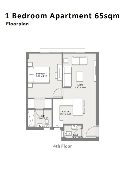 Floor plan of 65 m² one-bedroom apartment in Roofscape for sale in At East