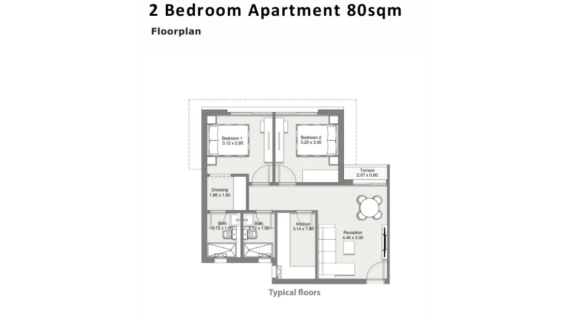 Floor plan of 80 m² two-bedroom apartment in Roofscape for sale in At East