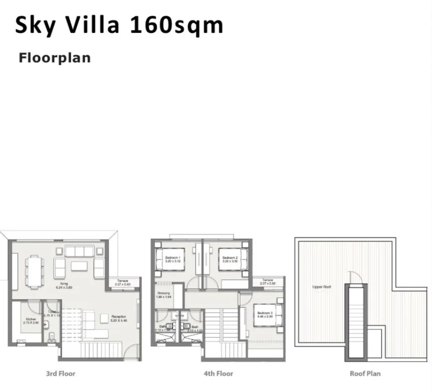 Floor plan of 160 m² duplex with a 55 m² roof for sale in At East