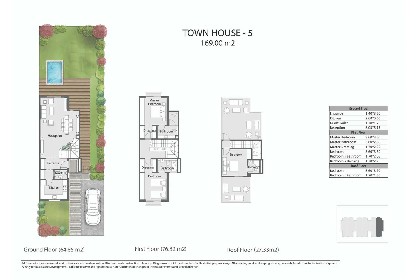 Floor plan of 169 m² corner townhouse with a 180 m² garden and roof for sale in Rare