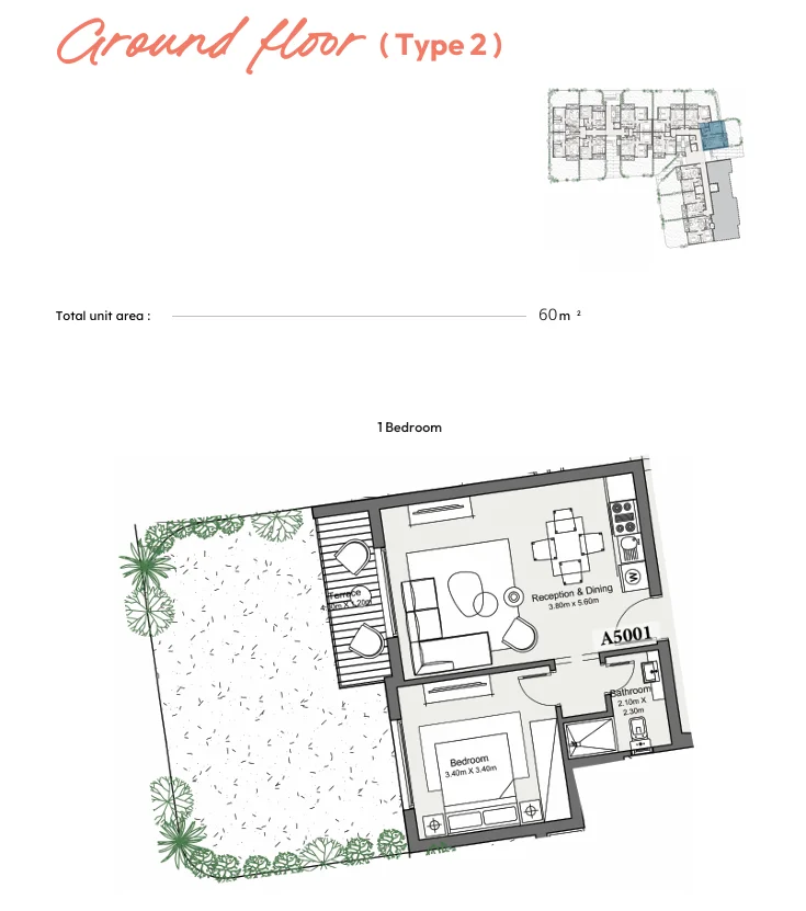 Floor plan of 57 m² one-bedroom chalet in Youd El Bahr for sale in Youd