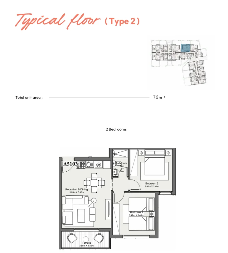 Floor plan of 74 m² two-bedroom chalet in Youd El Bahr for sale in Youd
