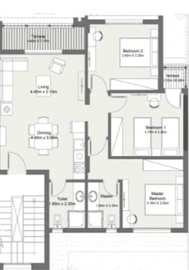 Floor plan of 120 m² three-bedroom first-floor chalet for sale in Youd