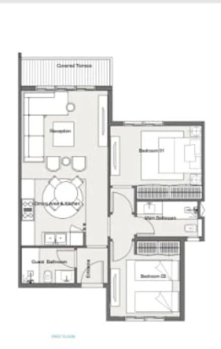 Floor plan of 95 m² two-bedroom second-floor chalet for sale in Summer