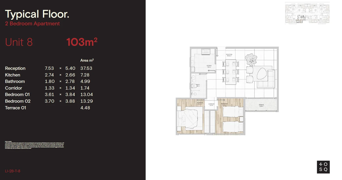 Floor plan of 103 m² two-bedroom semi-finished apartment for sale in 40 Square