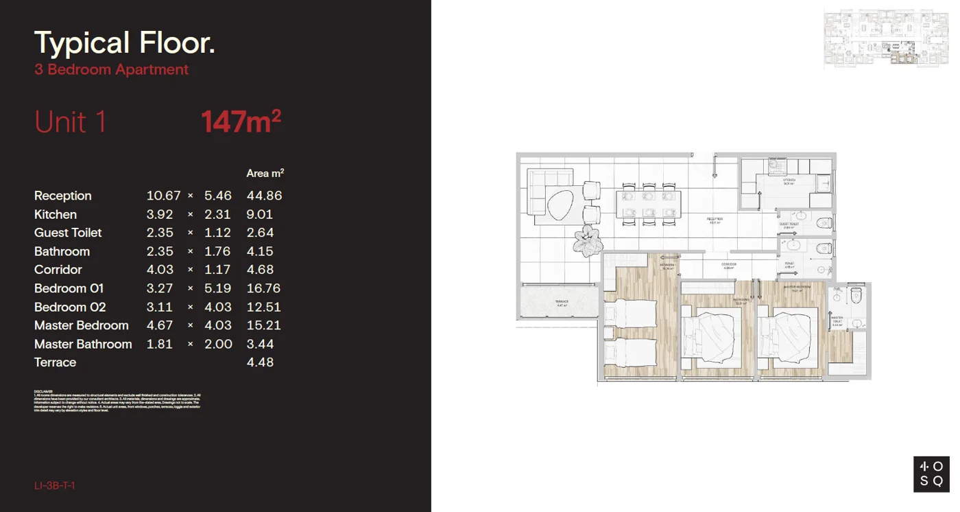 Floor plan of 147 m² three-bedroom apartment with three bathrooms for sale in 40 Square