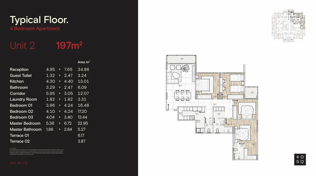 Floor plan of 198 m² four-bedroom apartment, 2029 handover, for sale in 40 Square