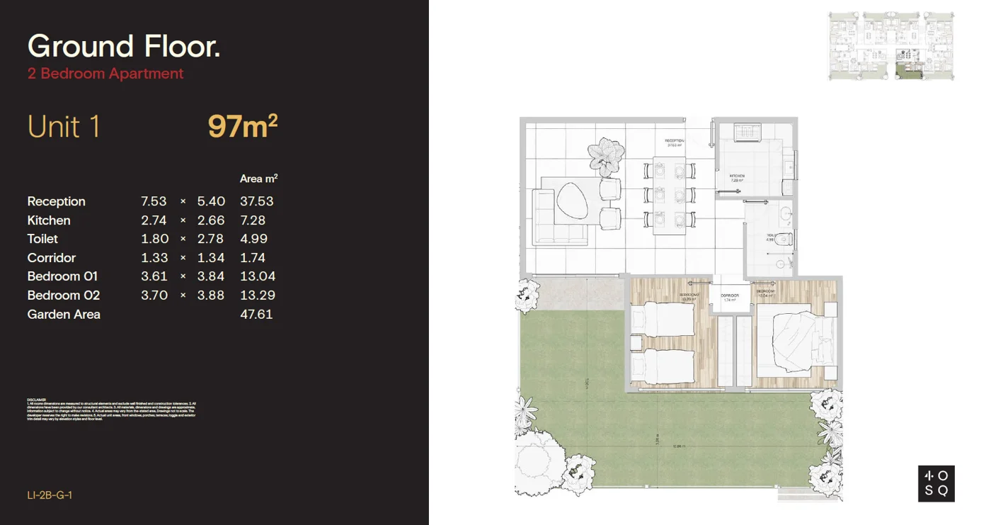 Floor plan of 98 m² two-bedroom apartment with a 48 m² garden for sale in 40 Square