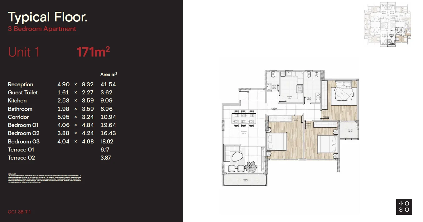 Floor plan of 171 m² three-bedroom apartment with two bathrooms, 2029 handover, for sale in 40 Square